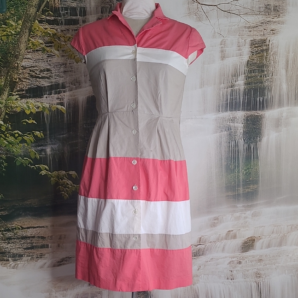 Liz Claiborne Womens 8 Button Up Sleeveless Fitted Coral Tan White Dress